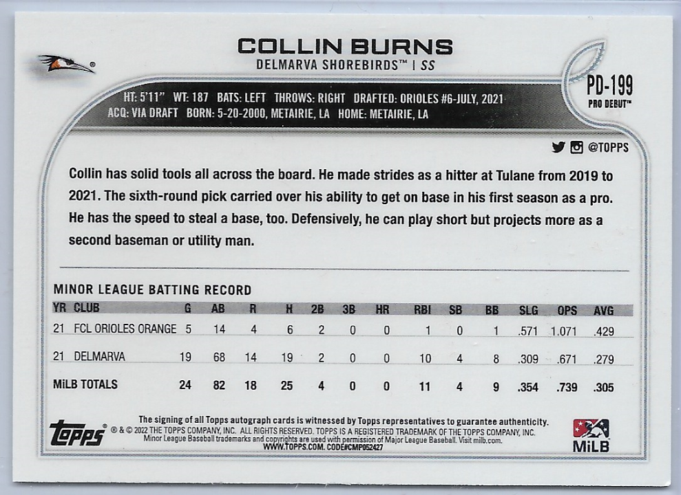 Collin Burns - 2022 Topps Pro Debut Auto #PD-199 Delmarva Shorebirds