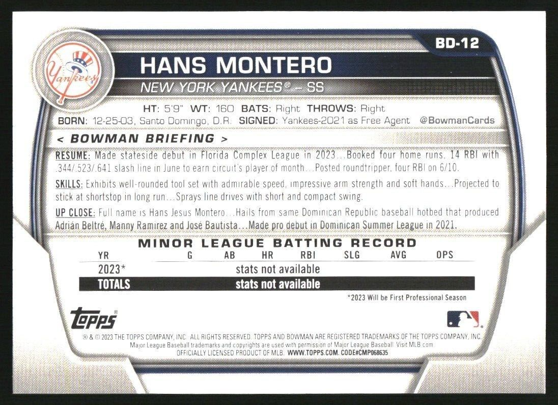 2023 Bowman Draft #BD12 Hans Montero New York Yankees Baseball Card