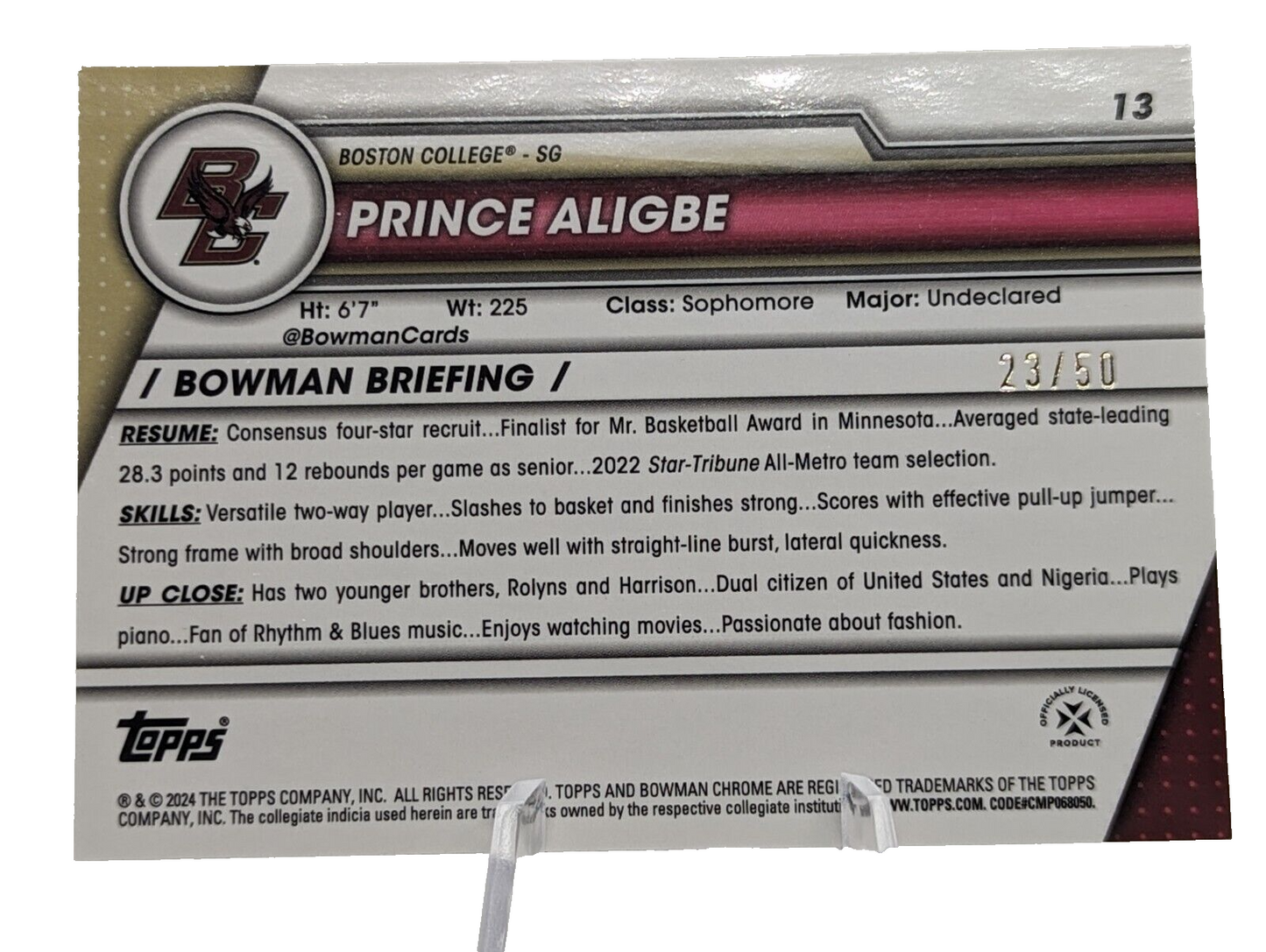 2023-24 Bowman Chrome U Sapphire Prince Aligbe #13 GOLD /50 Boston College