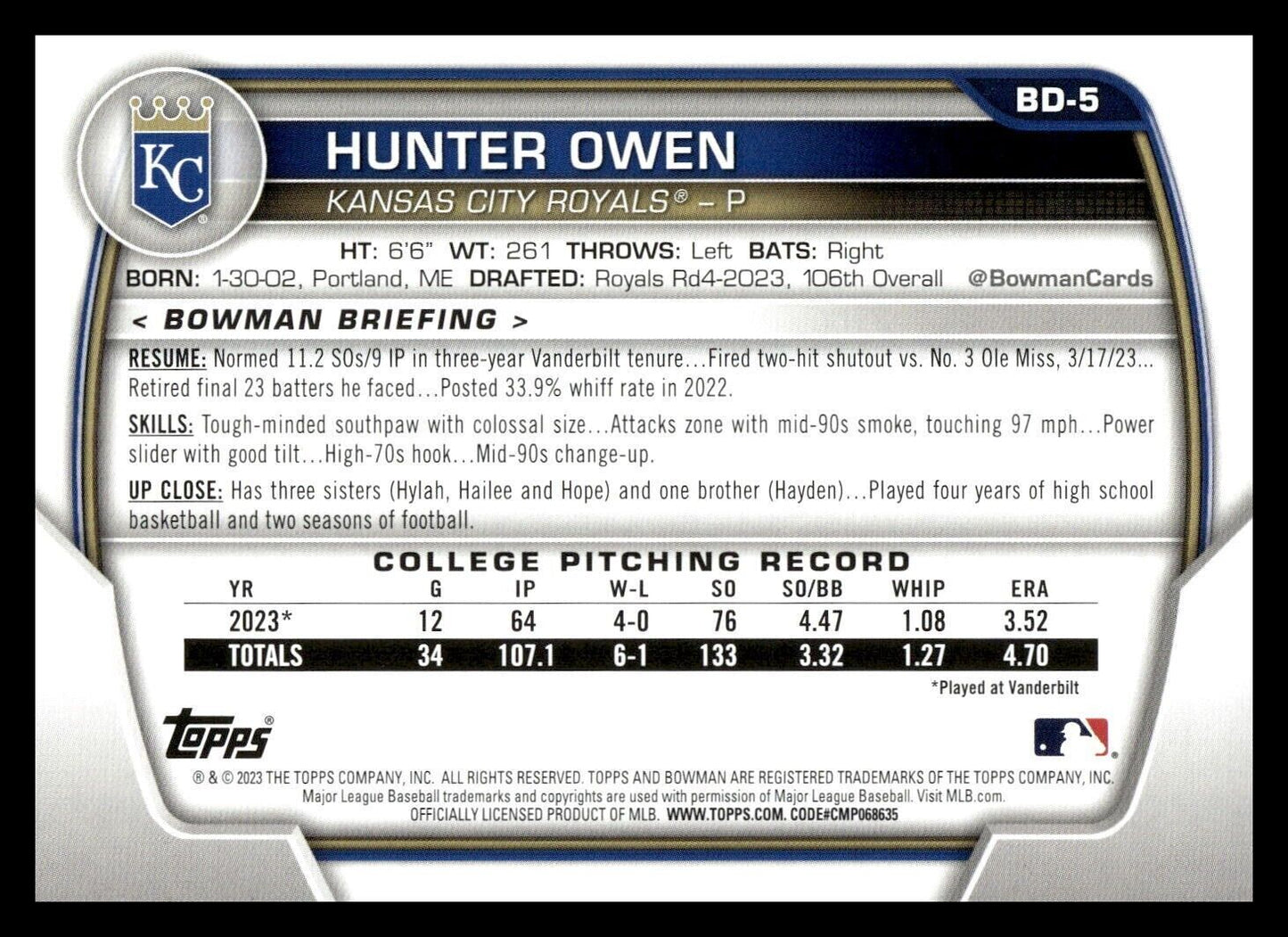 2023 Bowman Draft 1st #BD-5 Hunter Owen Kansas City Royals Baseball Card