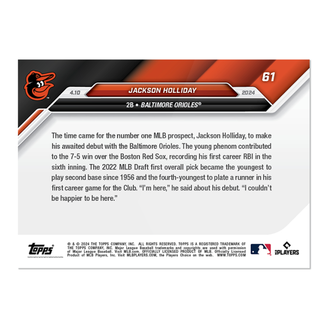 Jackson Holliday RC Orioles 1st RBI 2024 MLB TOPPS NOW Card 61