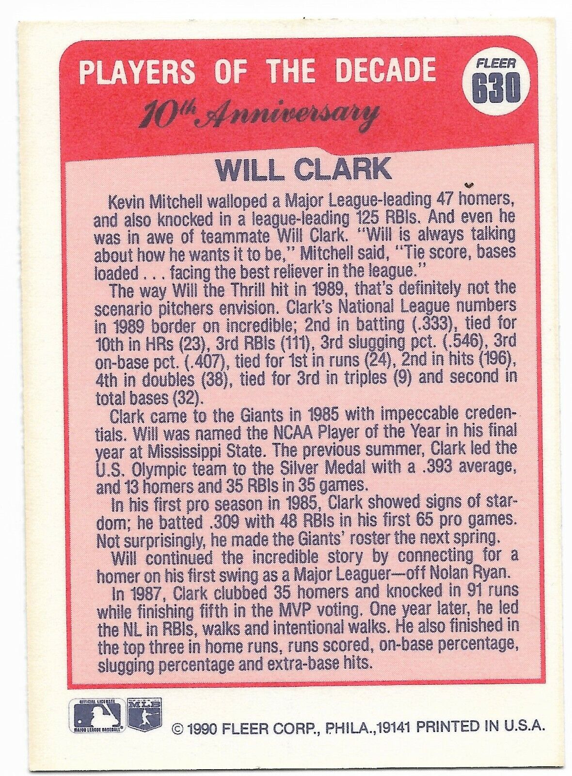 Will Clark #54 & Error Card #630 Players of The Decade 1990 (2 Cards)