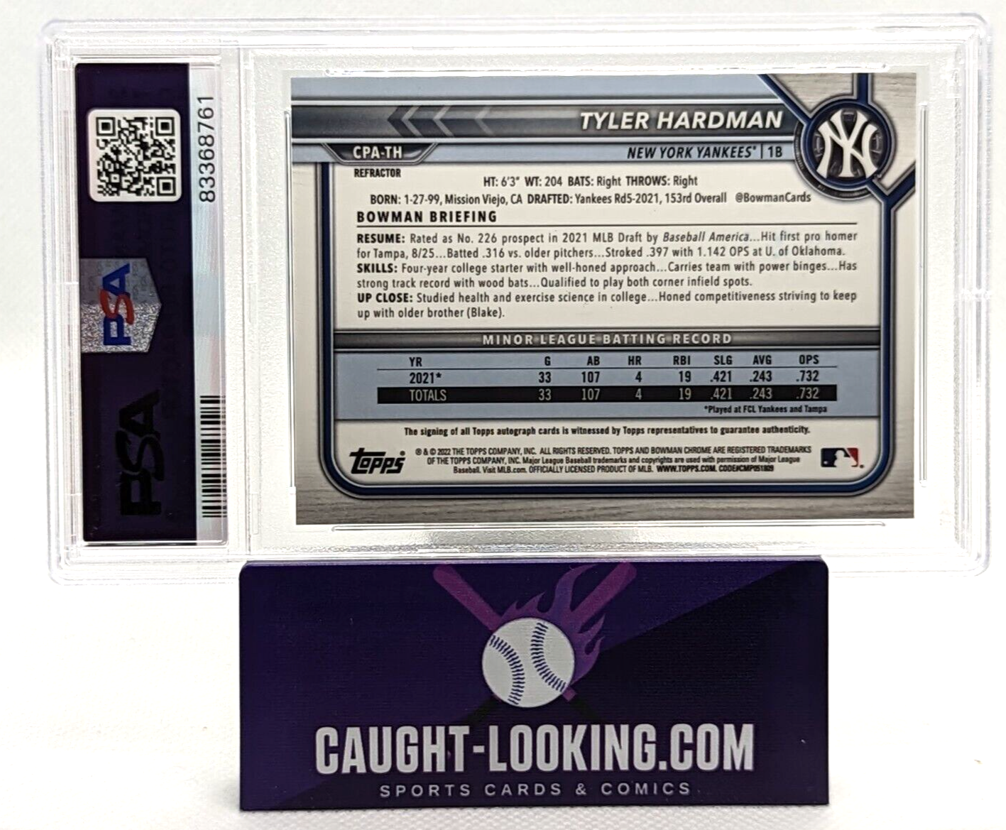 Tyler Hardman #CPA-TH - PSA 9 - 2022 Bowman Chrome Prospects Refractor Auto 1st