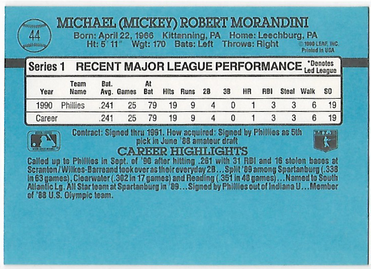 Mickey Morandini #44 Rookie 1991 Donruss- Philadelphia Phillies