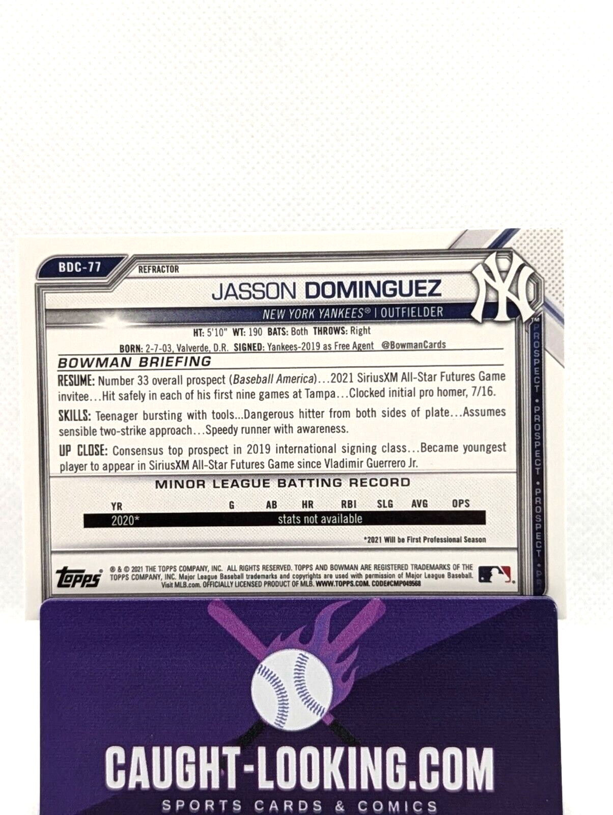 2021 Bowman Draft - Chrome Refractor #BDC-77 Jasson Dominguez (RC)