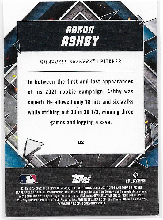 Aaron Ashby #82 Gold Minted 2022 Topps Fire Brewers RC Rookie