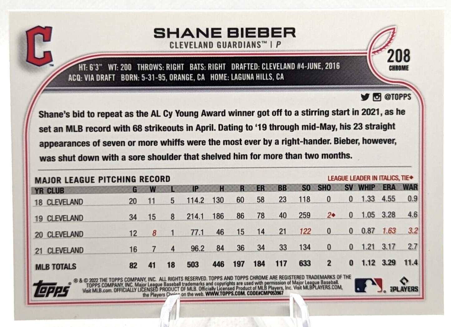 2022 Topps Chrome Shane Bieber Baseball Card #208 - Buy It Now with FREE SHIPPIN