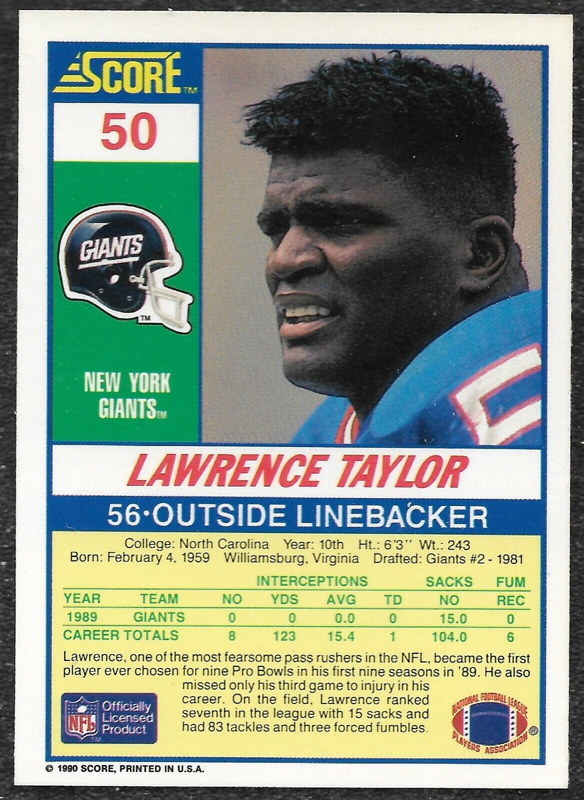Lawrence Taylor #50 1990 Panini Score NY Giants