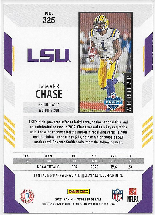 Ja'Marr Chase - 2021 Panini Score Rookie #325 - LSU Tigers Cincinnati Bengals RC