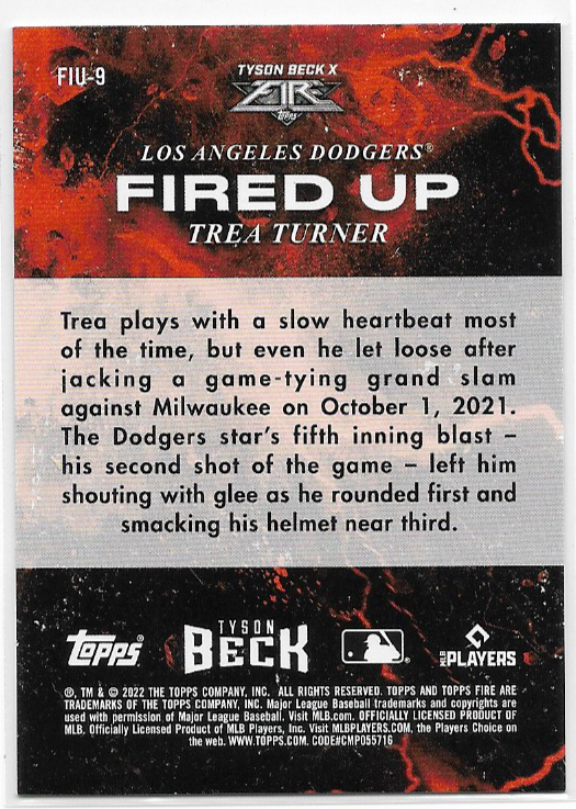 2022 Topps Fire Trea Turner Tyson Beck X Fired Up Gold Minted Parallel #FIU-9