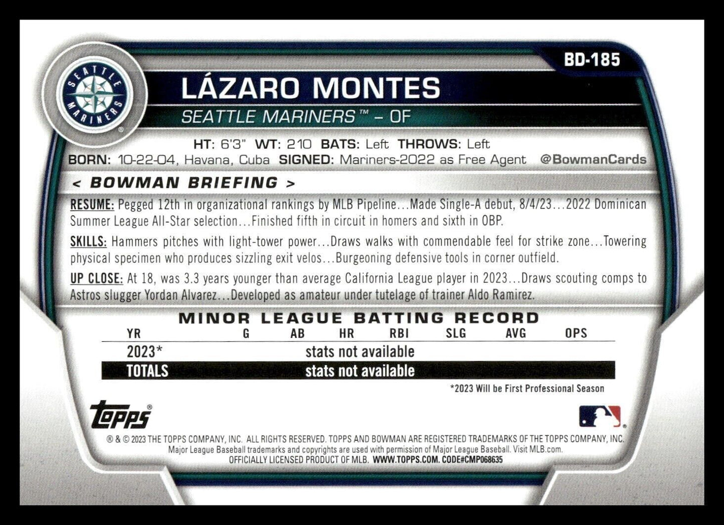 Lazaro Montes 2023 Bowman Draft #BD-185 Seattle Mariners Baseball Card
