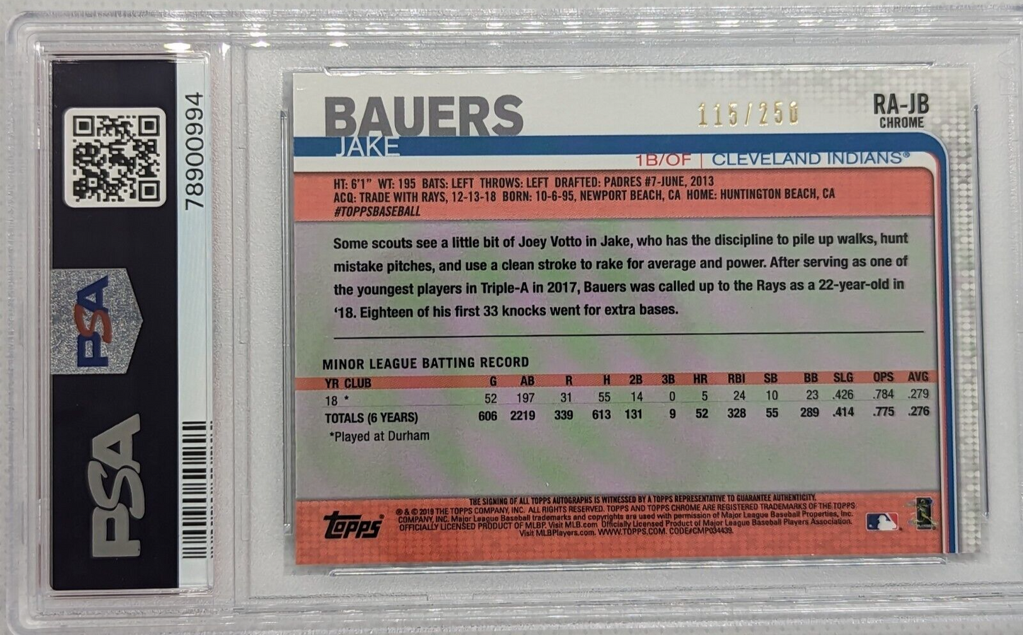 Jake Bauers -PSA 10 AUTO - 2019 Topps Chrome Rookie #RA-JB Purple Refractor