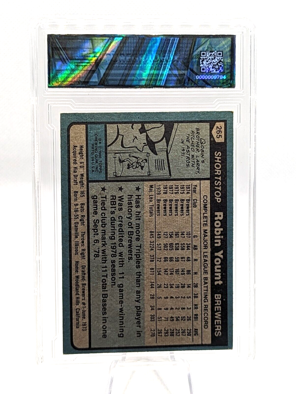 Robin Yount #265 1980 Topps Milwaukee Brewers Graded 7.5