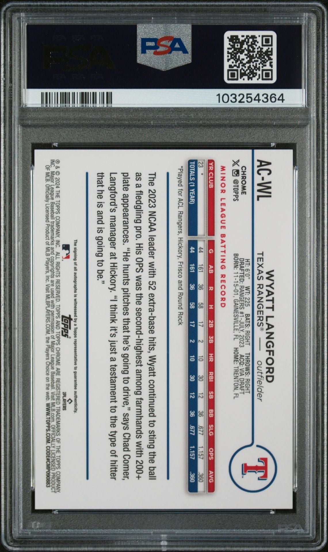 Wyatt Langford PSA 9 2024 Topps Chrome Auto RC Blue /150