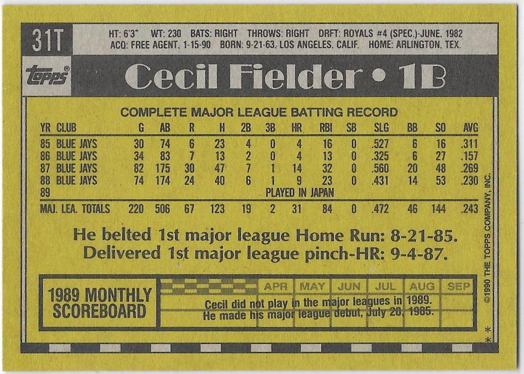 Cecil Fielder - 1990 Topps Traded #31T Detroit Tigers