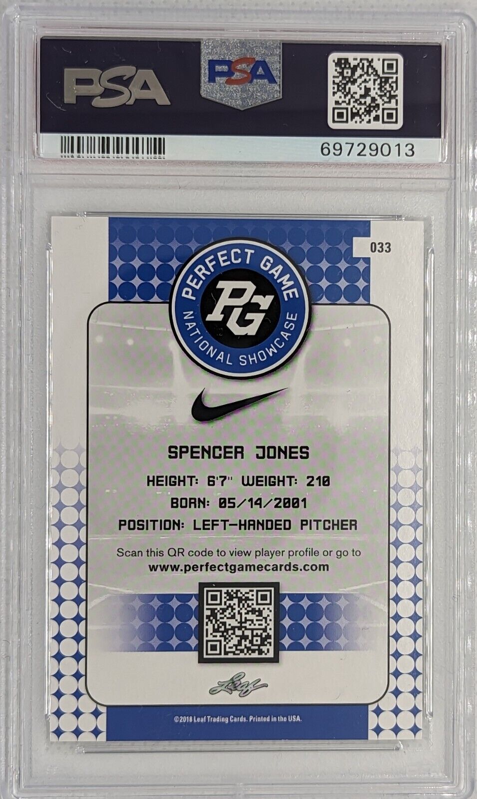 Spencer Jones PSA 9 2018 Leaf Perfect Game Nation Showcase Silver #33 Yankees 