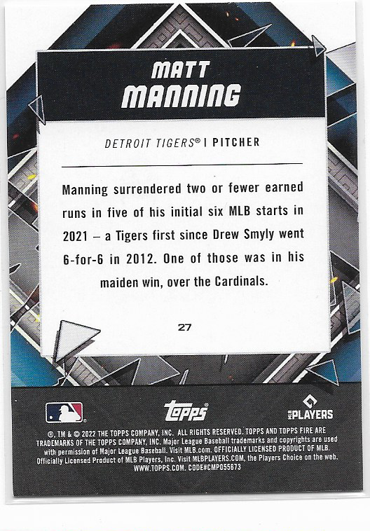 Matt Manning #27 Gold Minted 2022 Topps Fire Tigers RC Rookie