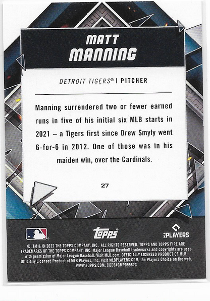 Matt Manning #27 Gold Minted 2022 Topps Fire Tigers RC Rookie