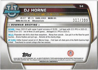 DJ Horne Purple Mini Diamond #54 2022 Bowman Chrome University 1st Bowman /399