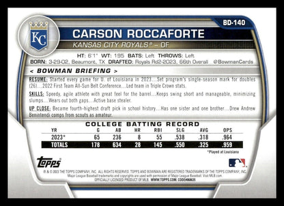 2023 Bowman Draft #BD-140 Carson Roccaforte Kansas City Royals 1st Baseball Card