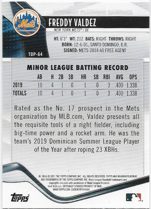 Freddy Valdez - Ice Foil Parallel 2021 Bowman Platinum