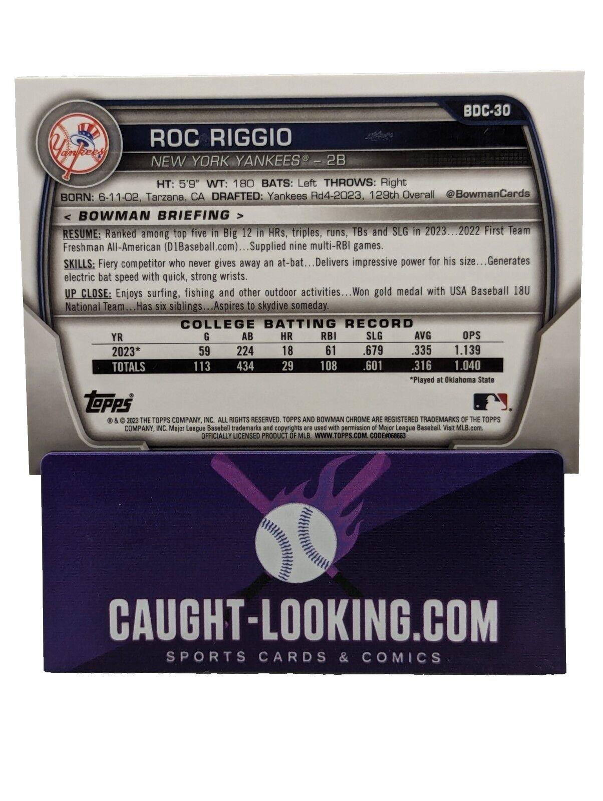 Roc Riggio - 2023 Bowman Draft Chrome #BDC-30 NY Yankees Prospect