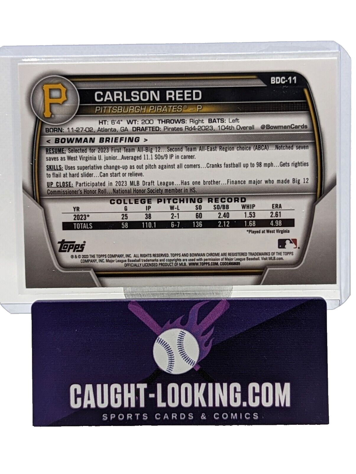 Carlson Reed SKY BLUE REFRACTOR 2023 Bowman Draft Chrome - 1st Bowman #BDC-11