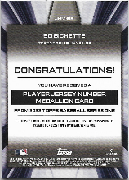 Bo Bichette #JNM-BB 2022 Topps Player Jersey Number Medallion Relics Blue Jays