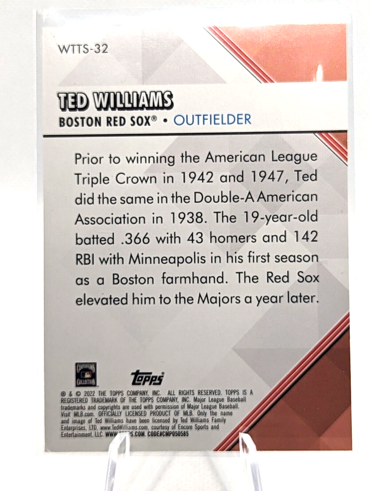 Ted Williams #WTTS-32 2022 Topps Series 1 WELCOME TO THE SHOW Insert | Red Sox