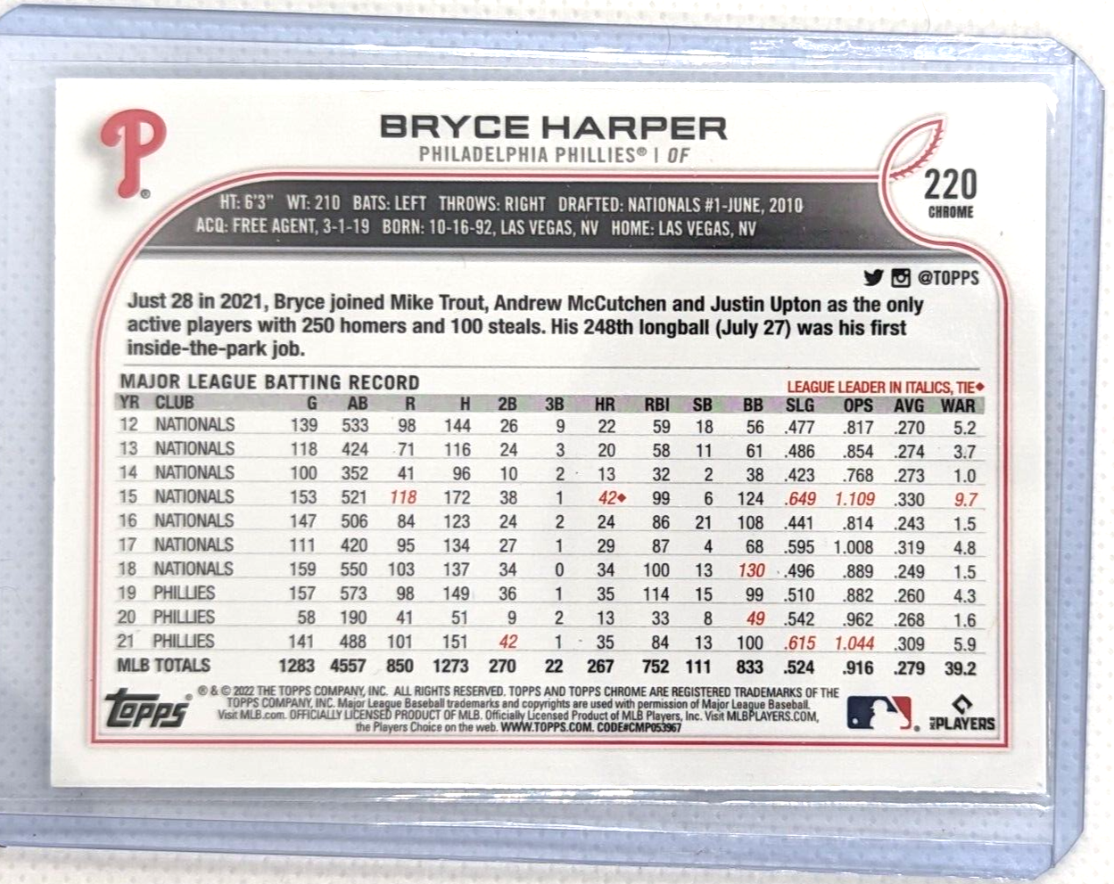 Bryce Harper Sepia #220 - 2022 Topps Chrome Refractor Philadelphia Phillies