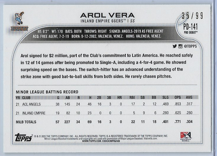 Arol Vera 2022 TOPPS PRO DEBUT #141 *GREEN BORDER #35/99 66ERS
