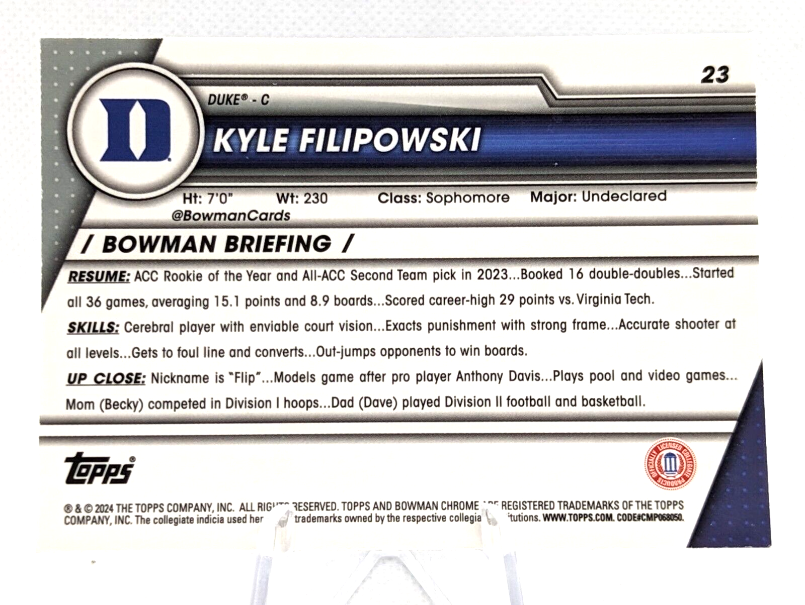 2023-24 Bowman Chrome U Sapphire Kyle Filipowski #23 Duke