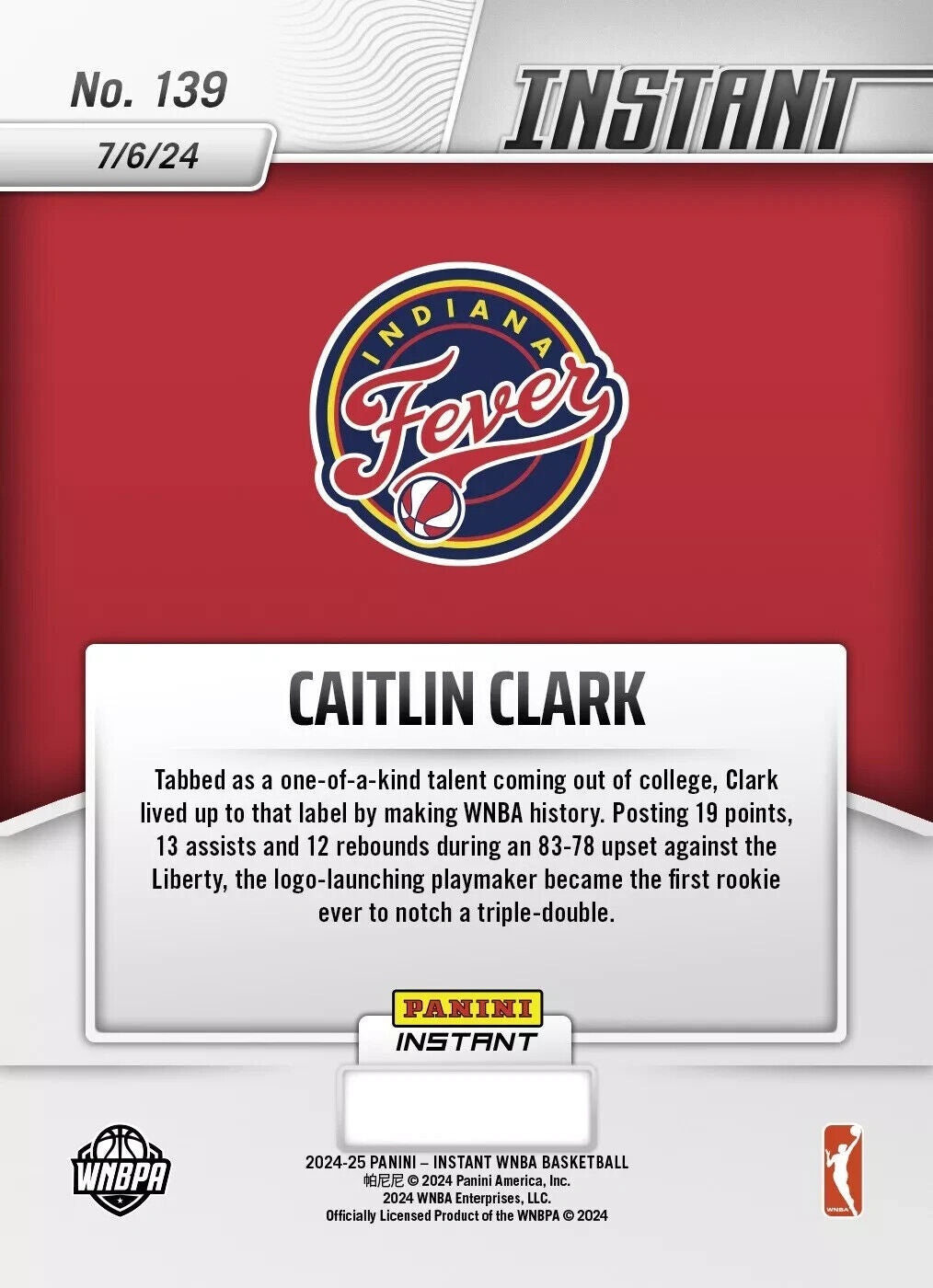 2024 Panini Instant WNBA #139 Caitlin Clark Indiana Fever RC 1st Rookie Trp-Doub