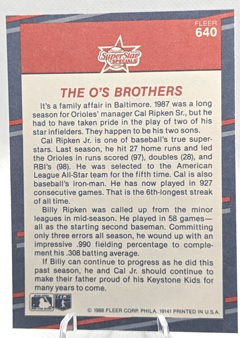 Billy Ripken, Cal Ripken Jr #640 1988 Fleer "The O's Brothers" Orioles