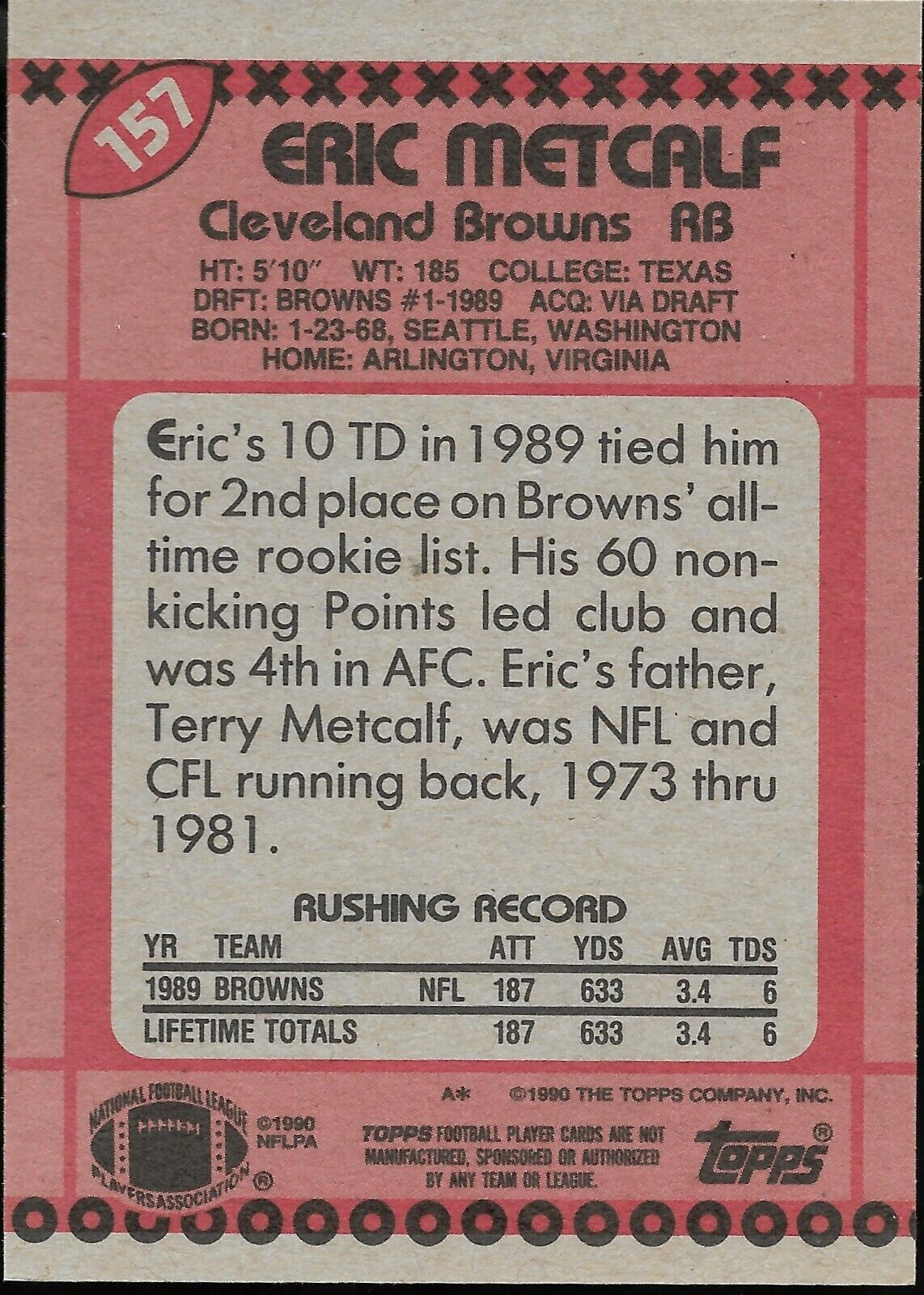 Eric Metcalf #157 - 1990 Topps NFL Cleveland Browns