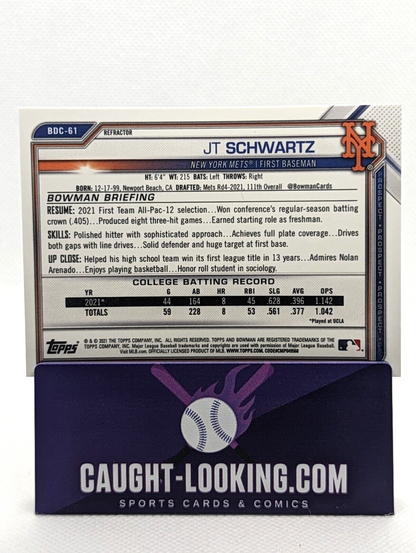 JT Schwartz #BDC-61 2021 Bowman Draft Chrome Refractor 1st Bowman NY Mets