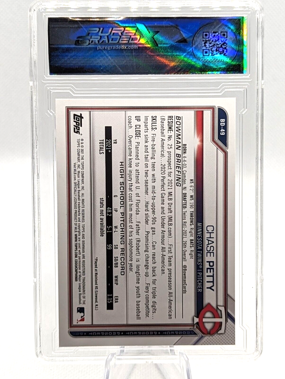 Chase Petty #BD-49 2021 Bowman Draft 1st Bowman Twins Graded 9