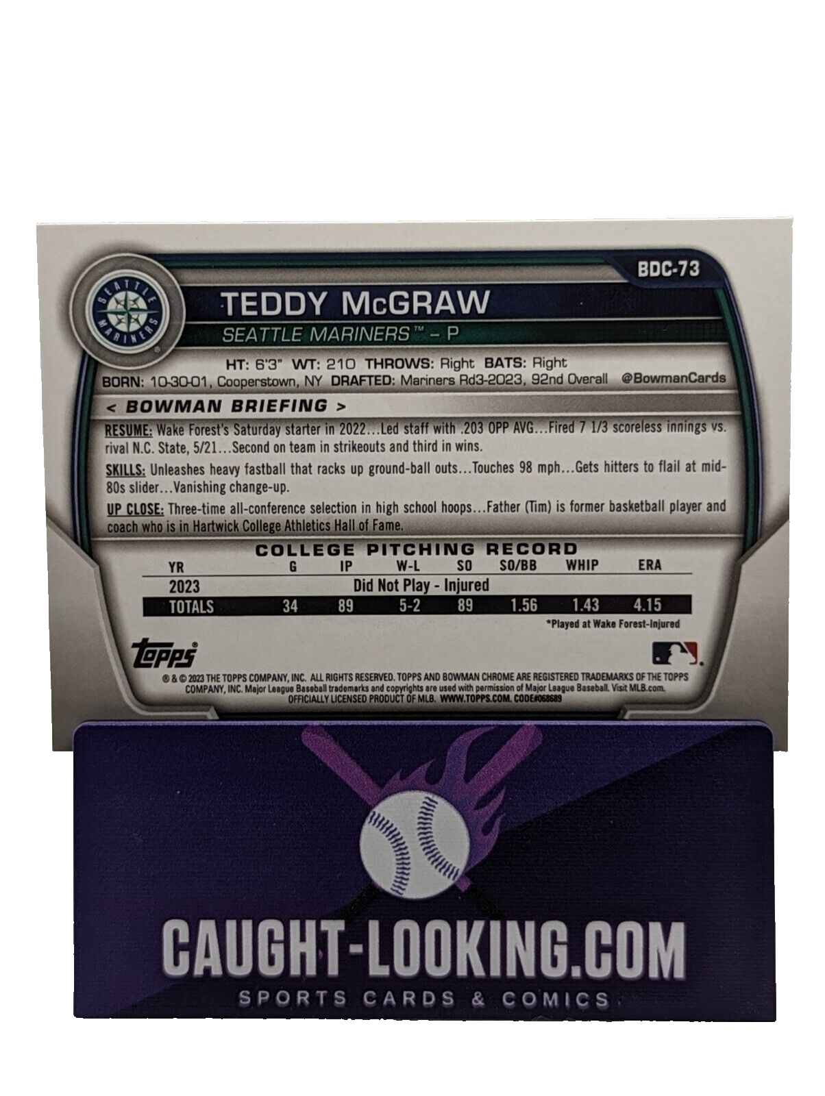 Teddy McGraw - 2023 Bowman Draft Chrome #BDC73 Mariners Prospect