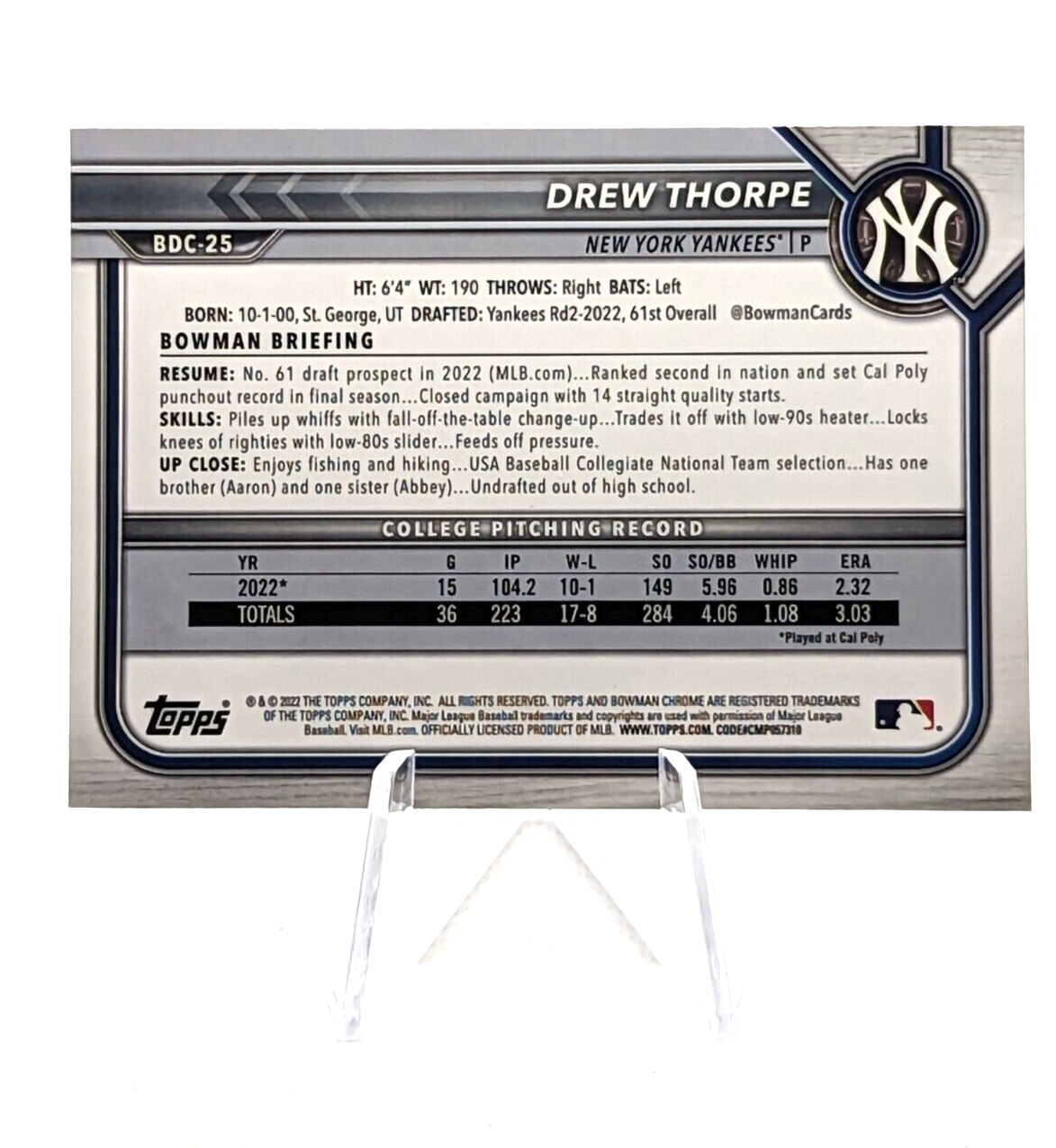 Drew Thorpe #BDC-25 2022 Bowman Draft Chrome NY Yankees Prospect