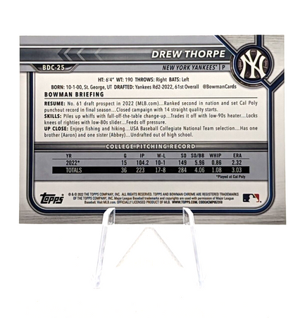 Drew Thorpe #BDC-25 2022 Bowman Draft Chrome NY Yankees Prospect