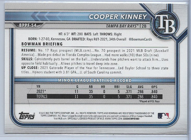Cooper Kinney Sky Blue Foil #BPPF-54 2022 Bowman 1st Edition Tampa Bay