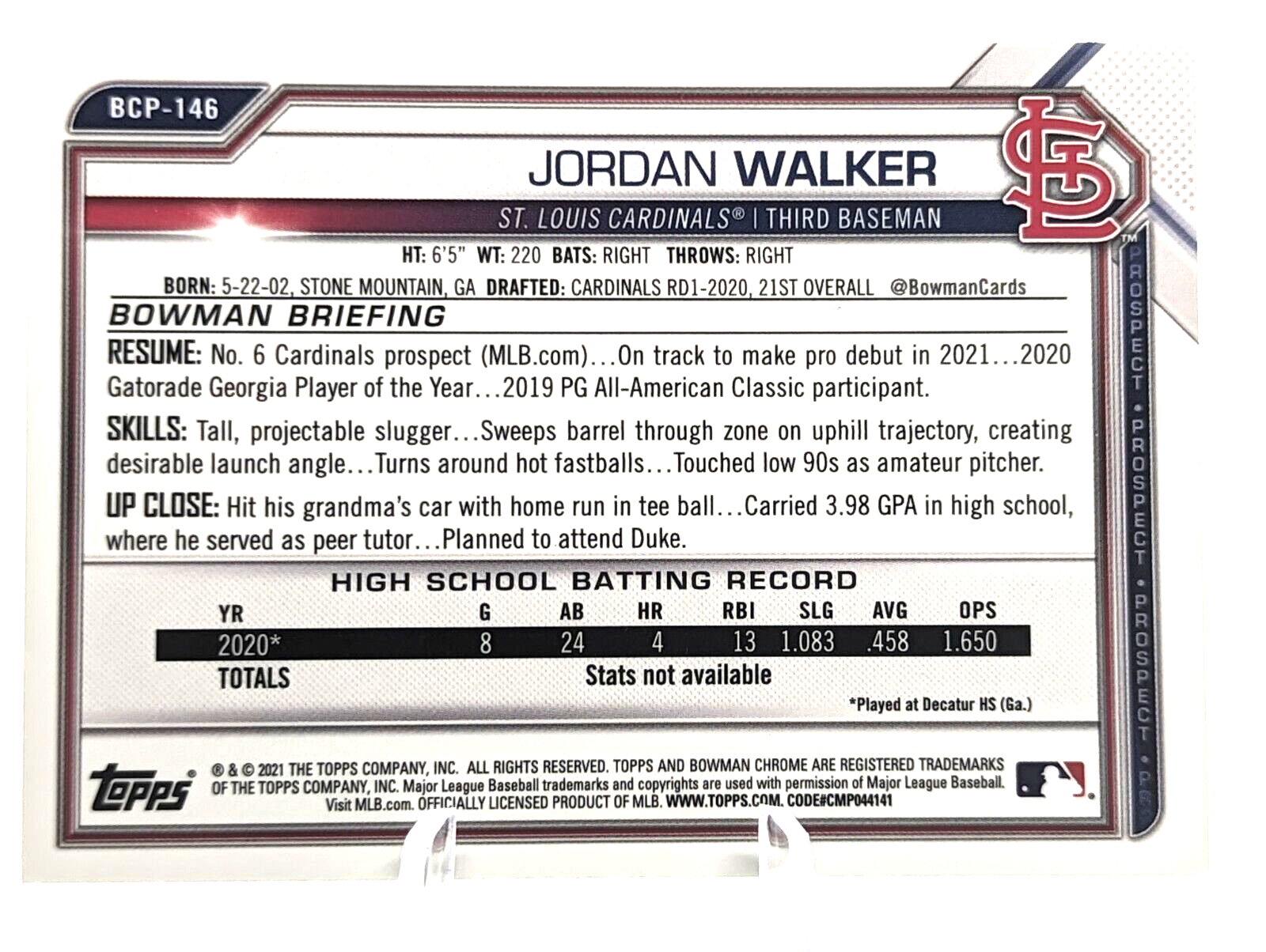 Jordan Walker #BCP-146 2021 Bowman Chrome Prospects (RC)