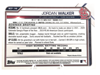 Jordan Walker #BCP-146 2021 Bowman Chrome Prospects (RC)