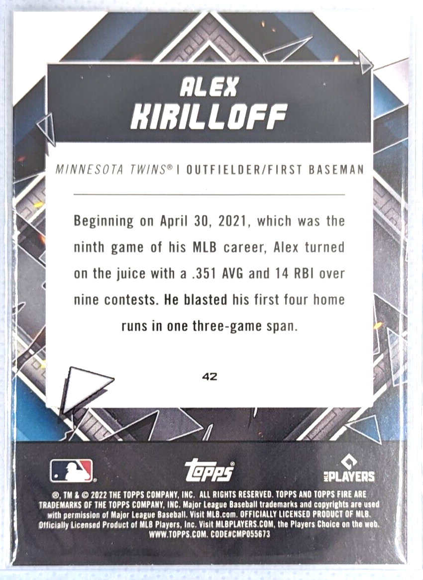 Alex Kirilloff #42 - Gold Minted 2022 Topps Fire Minnesota Twins