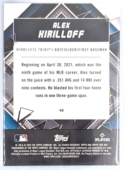 Alex Kirilloff #42 - Gold Minted 2022 Topps Fire Minnesota Twins