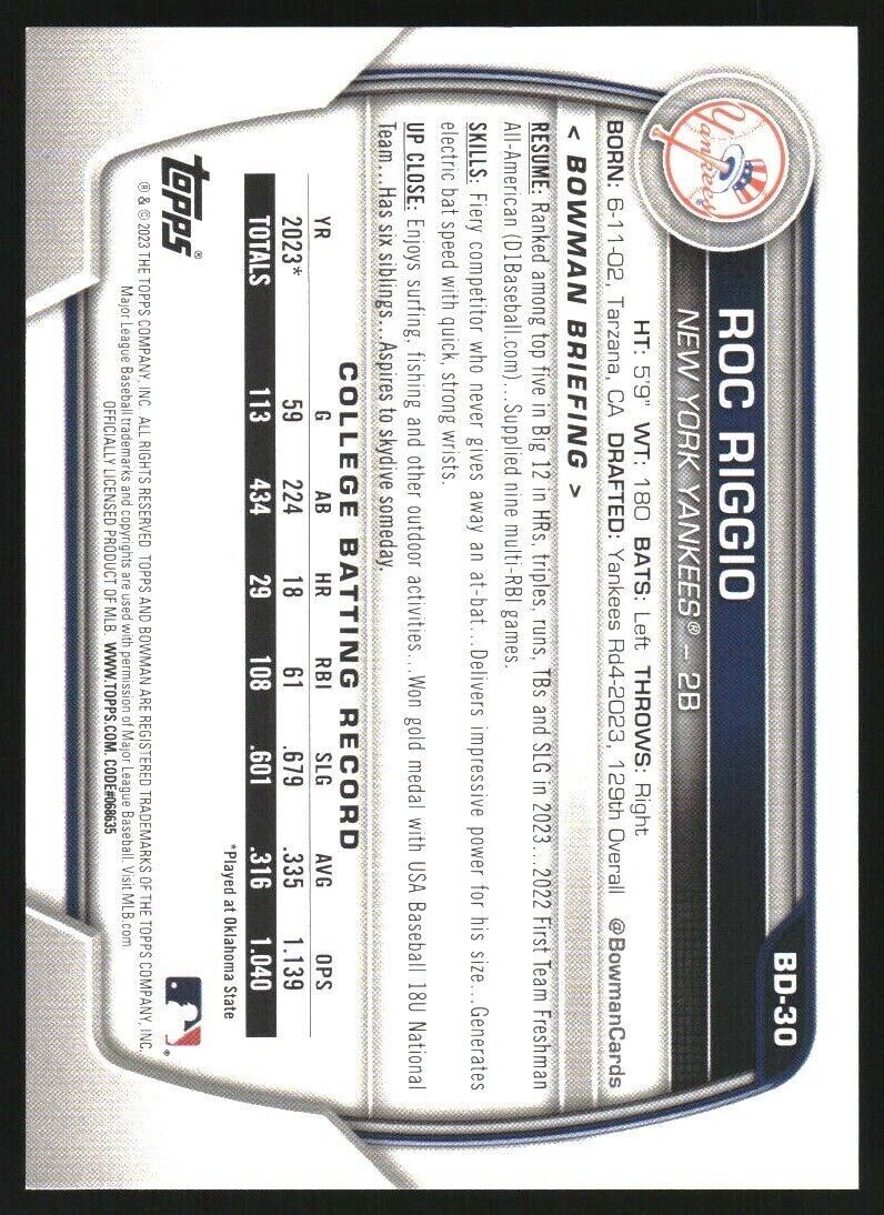 2023 Bowman Draft #BD30 Roc Riggio New York Yankees Prospect