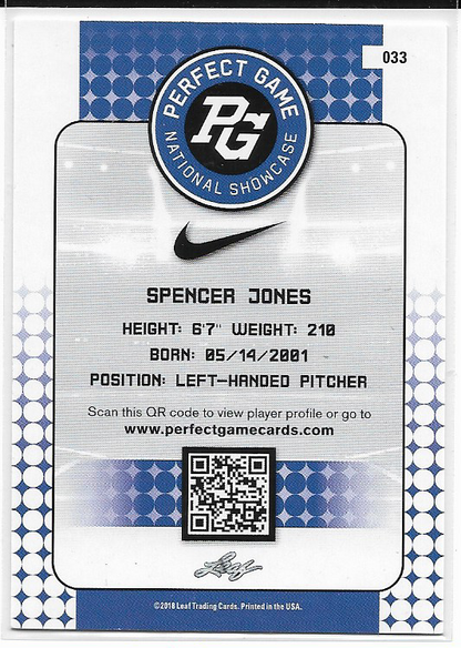 Spencer Jones #33 2018 Leaf Perfect Game All-American Rookie NY Yankees