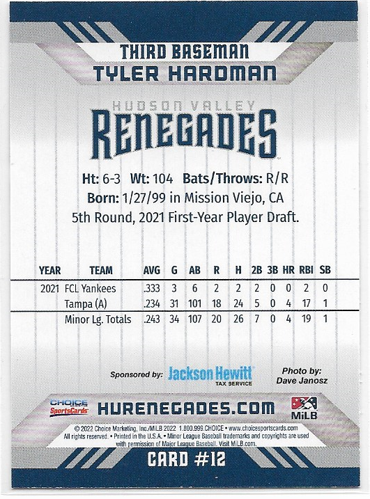 Tyler Hardman - 2022 Hudson Valley Renegades RC Rookie Yankees Minor League
