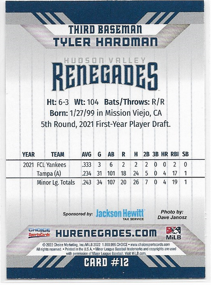 Tyler Hardman - 2022 Hudson Valley Renegades RC Rookie Yankees Minor League