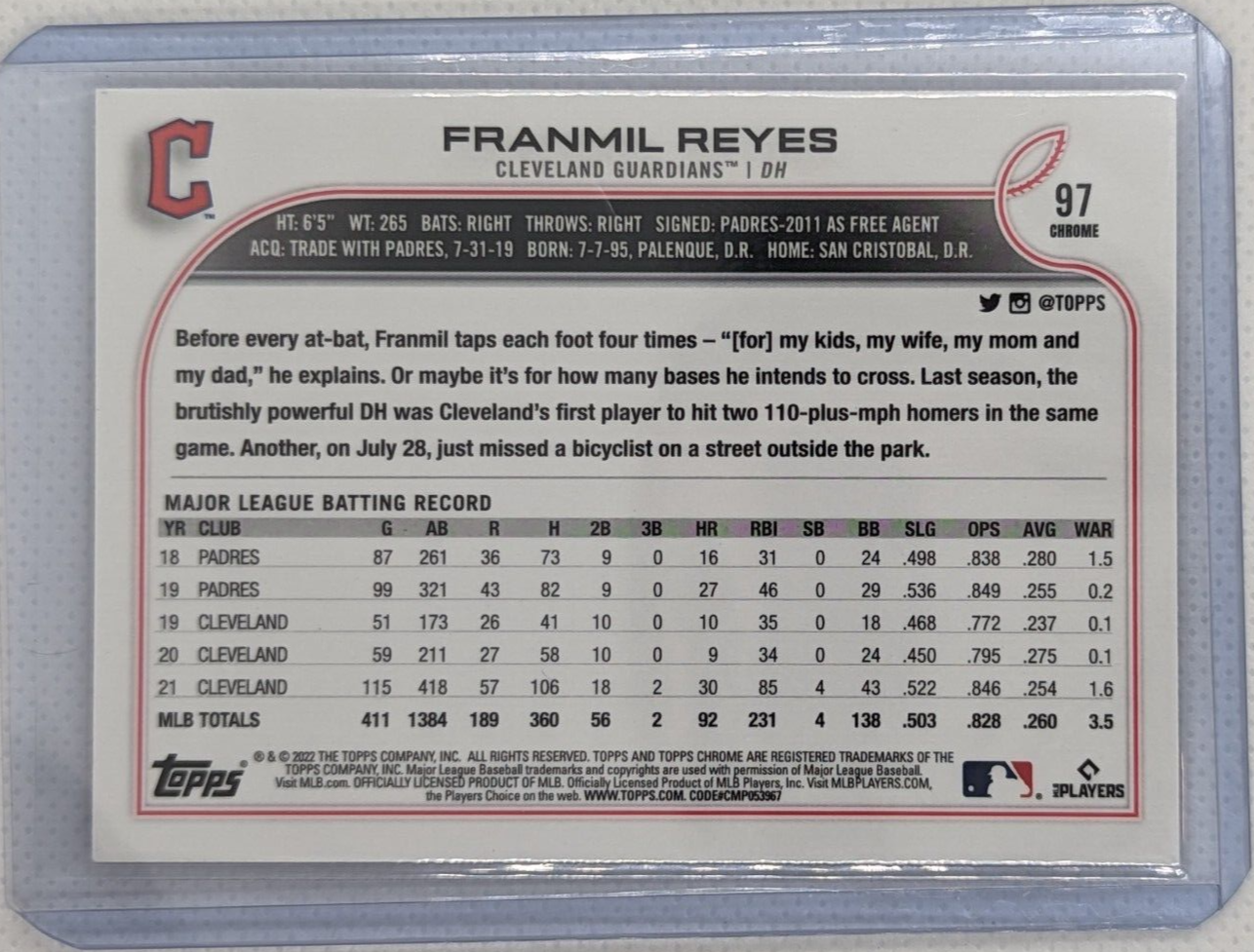 Franmil Reyes #97 2022 Topps Chrome Pink Cleveland Guardians